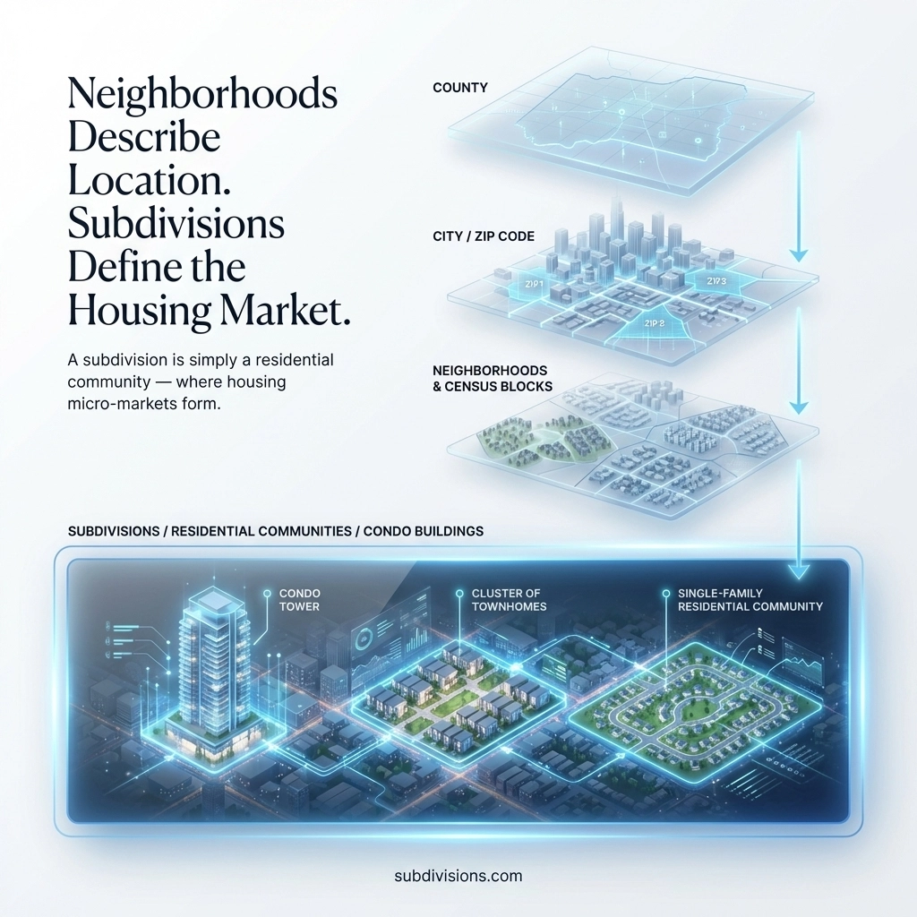 Neighborhoods Describe Location. Subdivisions Define the Housing Market.